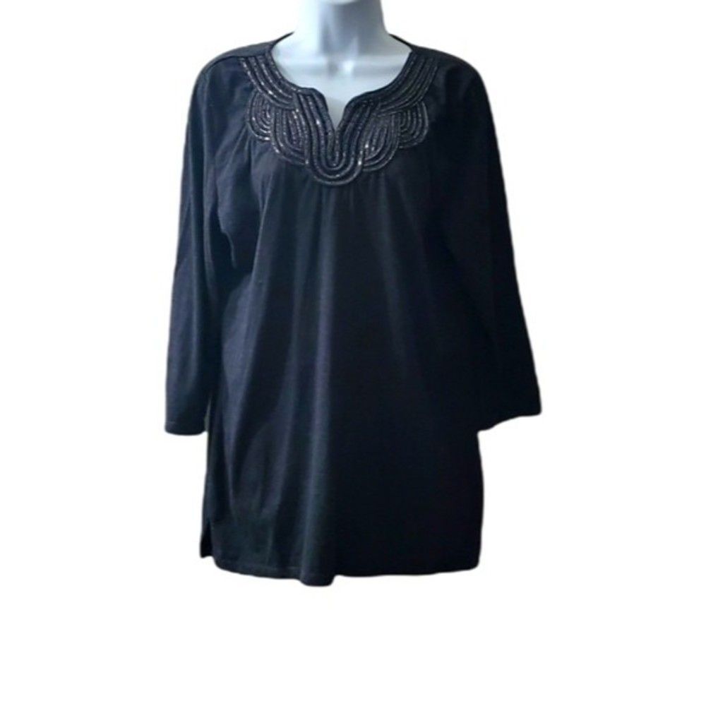 Charter Club Missy Womens charcoal Grey/Gray Beaded Long Blouse size Xlarge